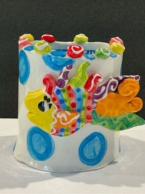 Elizabeth Carlton Studio whimsical colorful fish vase, pencil cup, holder